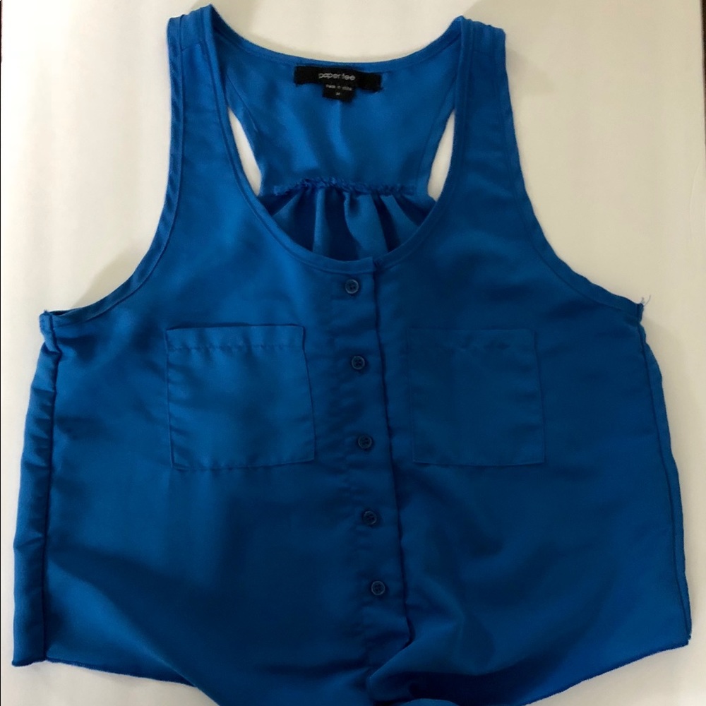 Cropped front tie button up blouse (BLUE)